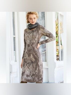 Peruvian Connection Borghese Taupe & Brown Patterned Long-Sleeve Knit Dress